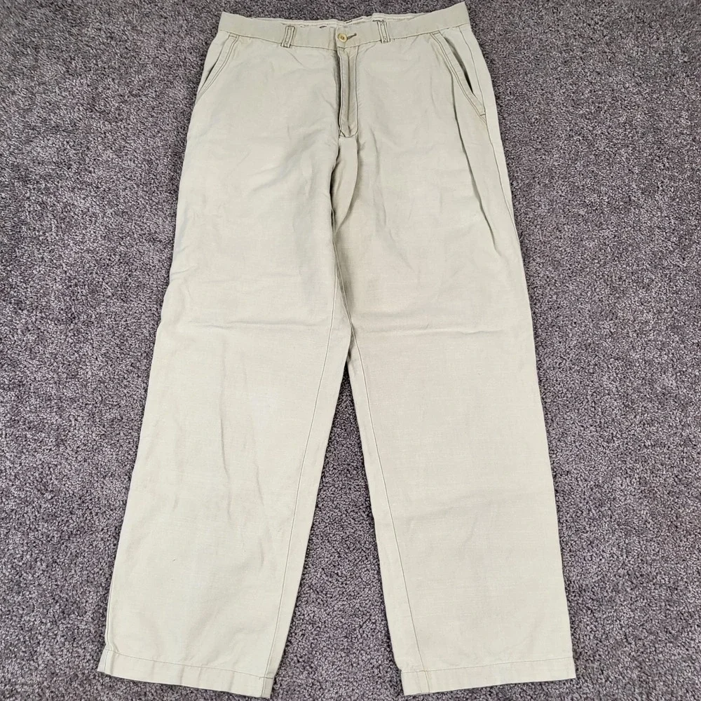 Tommy Bahama Chino Pants Mens 34 Khaki Good Linen Cotton Relaxed Straight Leg